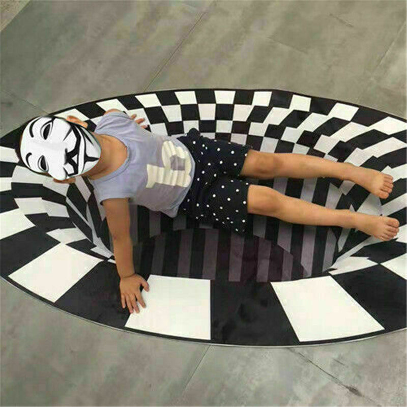 3D Vortex Illusion Rug Black & White Grid Anti-Slip Carpet