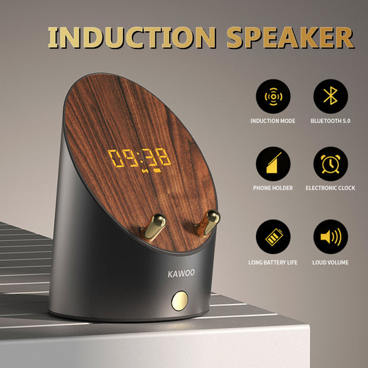 Wooden Smart Bluetooth Speaker with Phone Holder & Wireless Alarm Clock