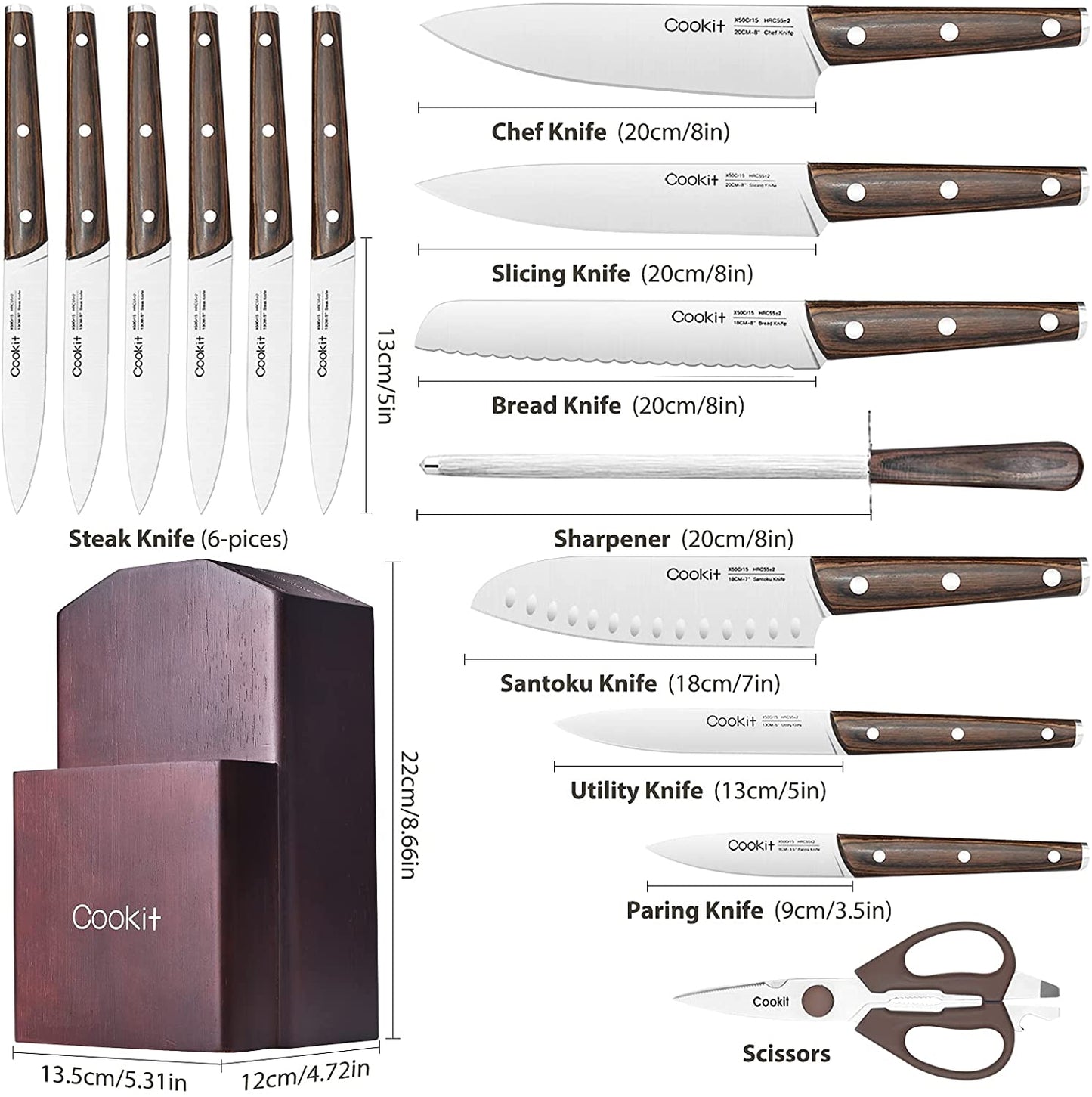 15-Piece Stainless Steel Kitchen Knife Set with Block and Manual Sharpener