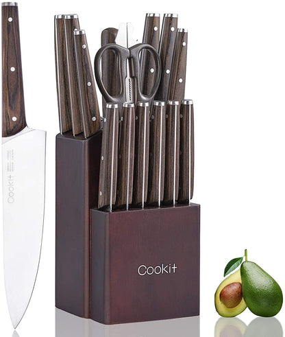 15-Piece Stainless Steel Kitchen Knife Set with Block and Manual Sharpener