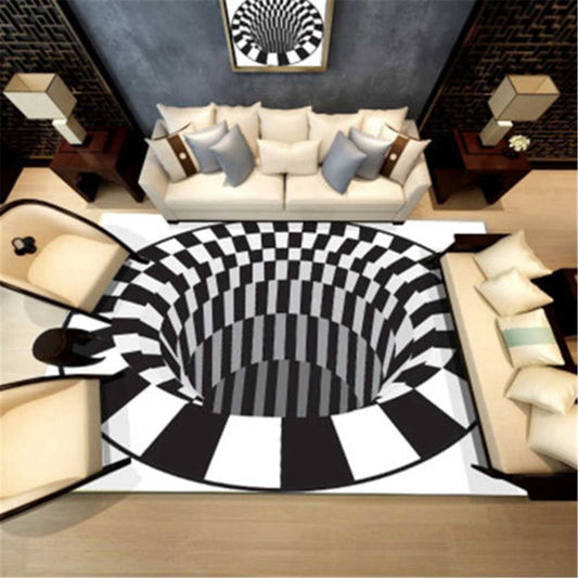 3D Vortex Illusion Rug Black & White Grid Anti-Slip Carpet