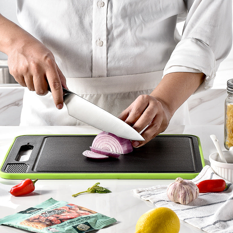 Double-Sided Cutting Board with Defrosting, Grinding Surface, and Built-in Knife Sharpener