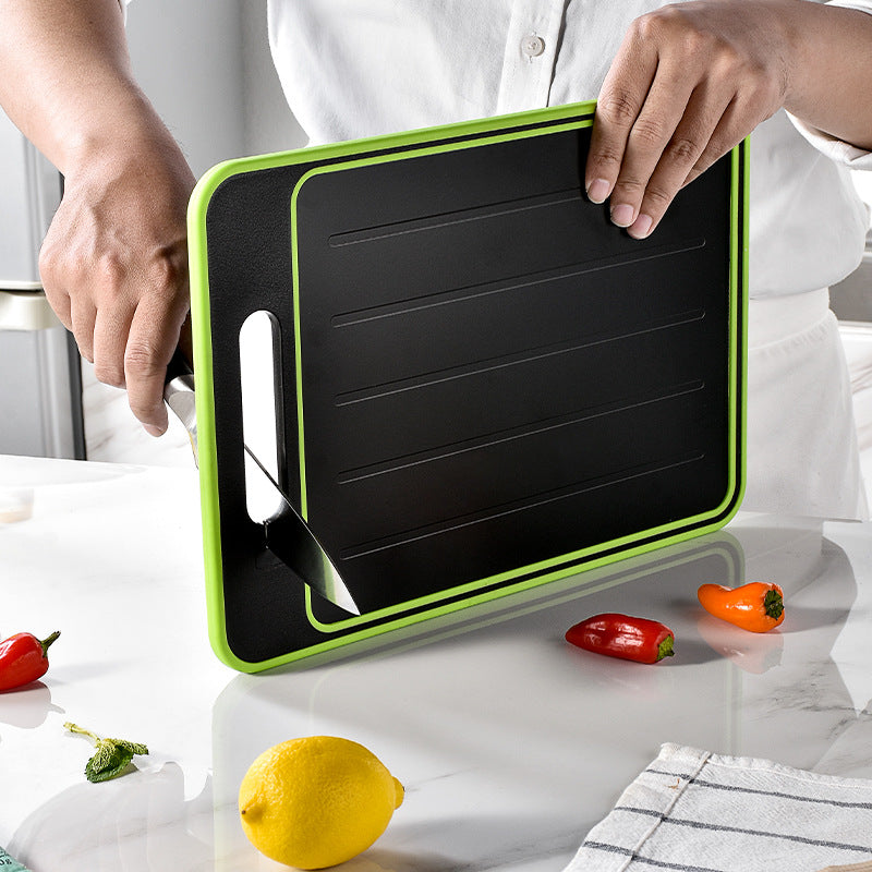 Double-Sided Cutting Board with Defrosting, Grinding Surface, and Built-in Knife Sharpener