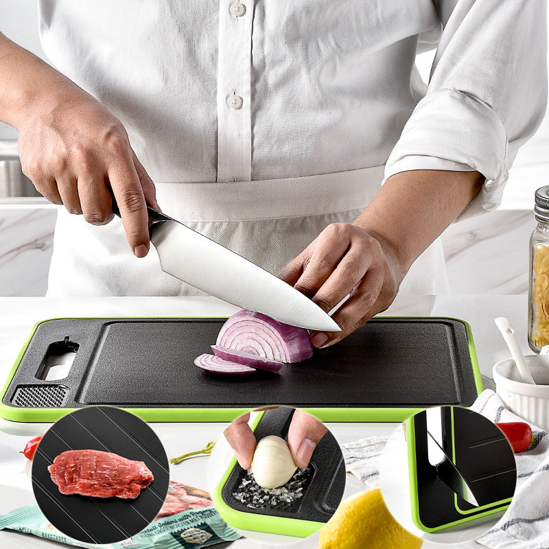 Double-Sided Cutting Board with Defrosting, Grinding Surface, and Built-in Knife Sharpener